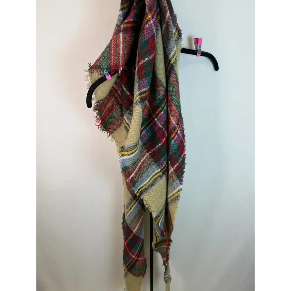 Plaid Tartan Blanket Scarf Cozy Winter Fall Wrap Shawl Fringe Boho One Size
